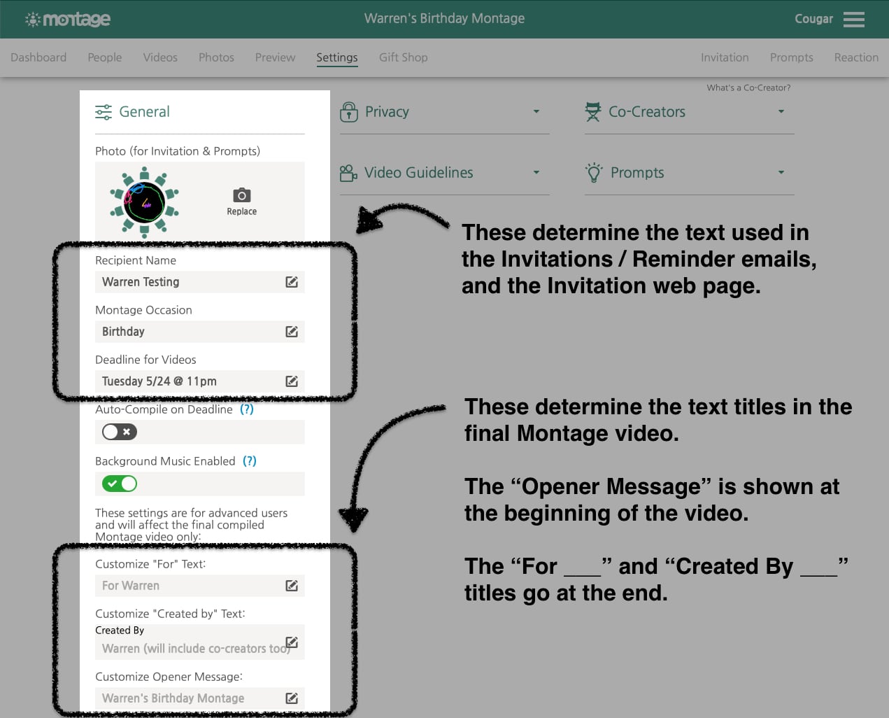 Screenshot: Showing how to edit the video titles of the Montage. Screenshot of the Settings page of the Creator's Dashboard (desktop version)